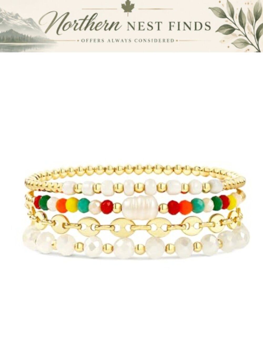 Gold Plated Stainless Steel Stackable Bracelet Set Beaded Crystal Paperclip